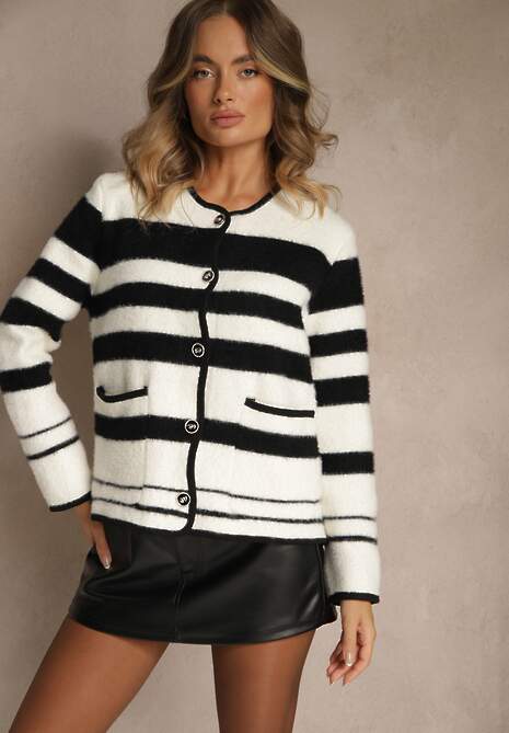 Biało-Czarny Zapinany Kardigan z Wiskozowej Dzianiny w Paski Aiwana