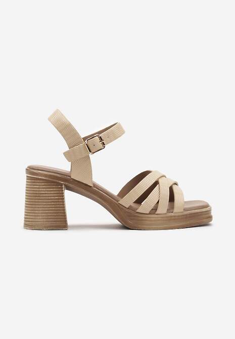 Beżowe Sandały z Imitacji Skóry na Słupku Zapinane Wokół Kostki Ploelia