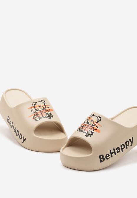 Ciemnobeżowe Klapki na Platformie z Pianki z Nadrukiem Misia Nelorea