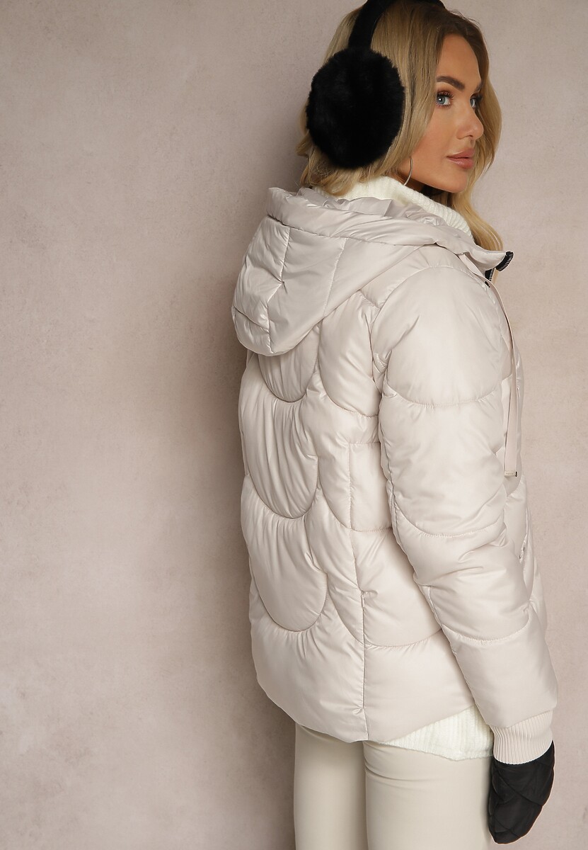 Beżowa Pudełkowa Kurtka z Pikowanymi Przeszyciami i Kapturem Semirielle