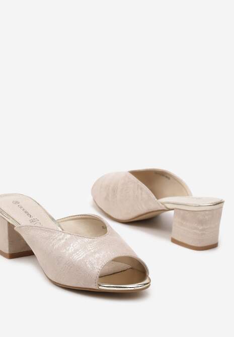 Beżowe Eleganckie Klapki na Słupku Wykończone Brokatem i Skórzaną Wkładką Zonemia