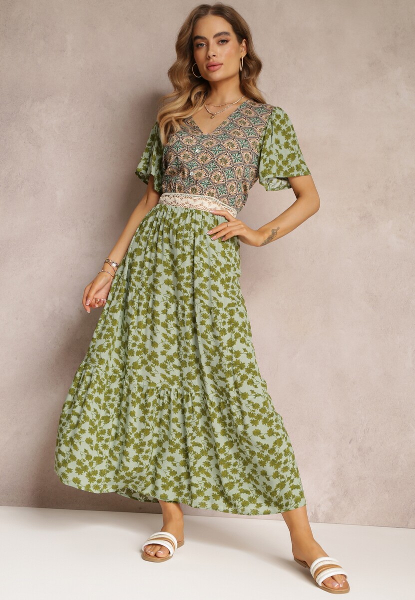 Ciemnozielona Sukienka Rozkloszowana Maxi z Wiskozy Ophitria