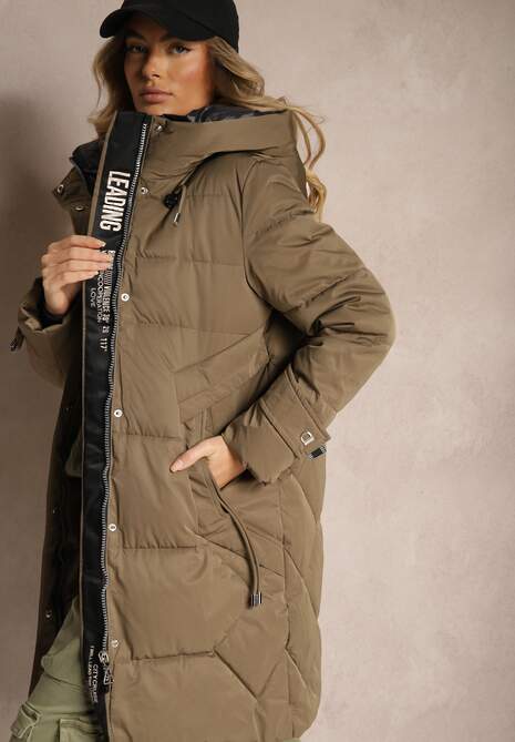 Ciemnozielona Kurtka o Pikowanym Dłuższym Fasonie z Nieodpinanym Kapturem Luciandra