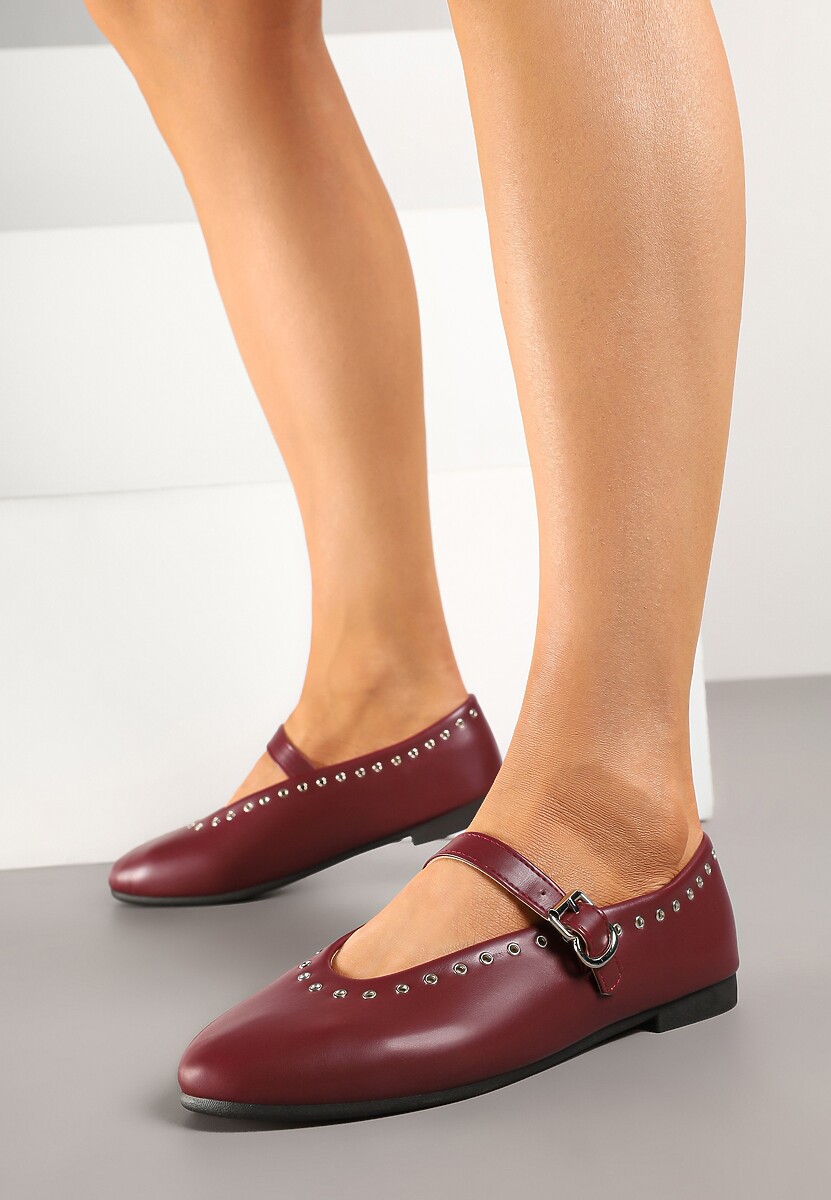 Bordowe Balerinki w Stylu Mary Jane ze Zdobieniem z Nitami Fennriva