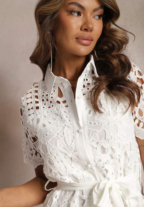 Biała Koszulowa Sukienka Midi z Ażurowym Zdobieniem Tatrasi