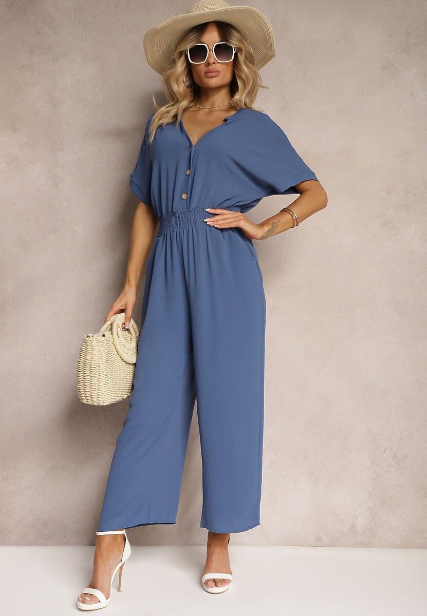 Granatowy Taliowany Kombinezon z Wiskozy Zapinany na Guziki Frisea