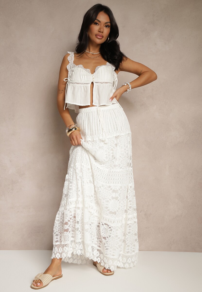 Biała Spódnica z Bawełną i Koronką Voreda