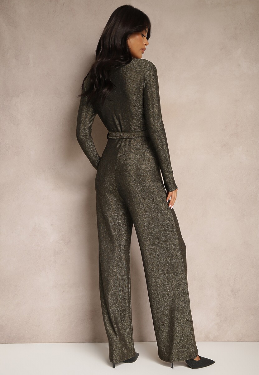 Złoty Kopertowy Kombinezon z Wiskozą z Paskiem Przeszyty Metaliczną Nicią Heladi