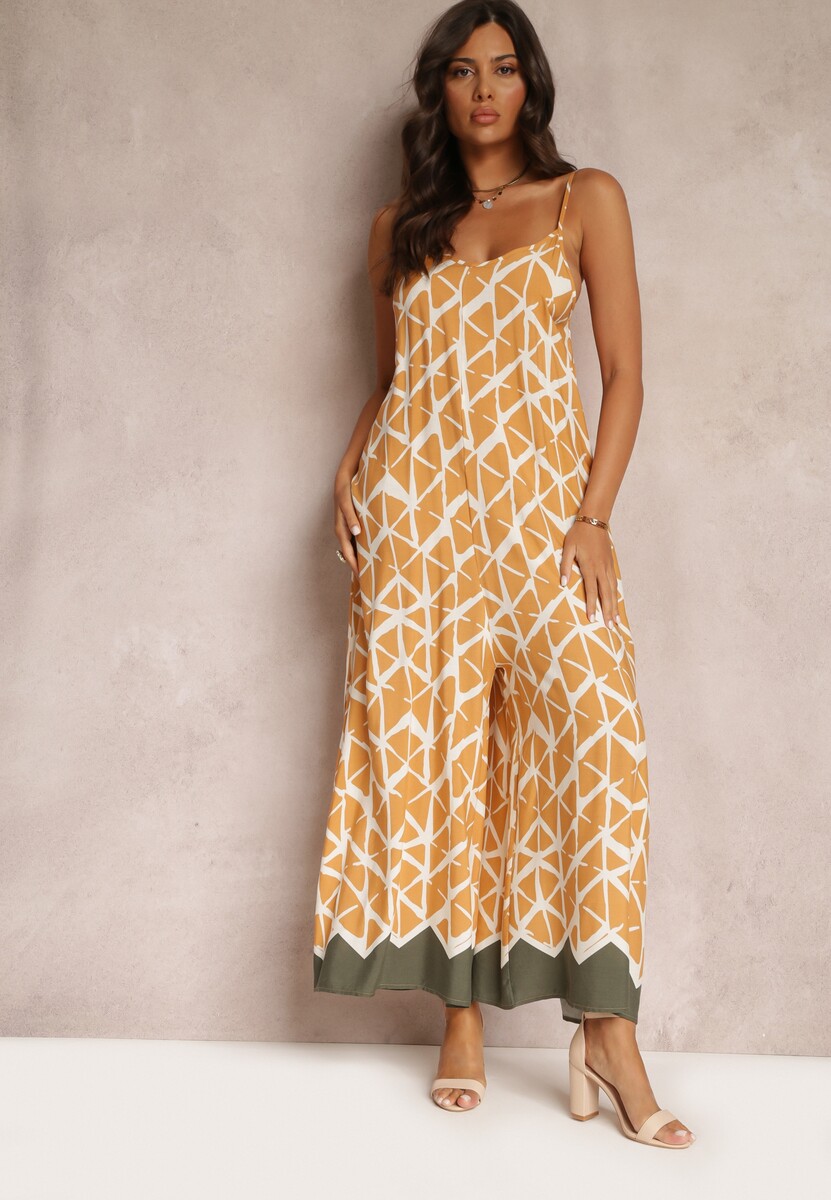 Jasnobrązowy Wiskozowy Kombinezon w Geometryczne Wzory na Ramiączkach Evera