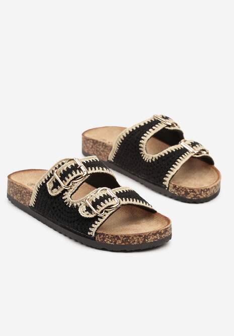 Czarne Klapki Ozdobione Klamrami i Plecionymi Paskami Adisila