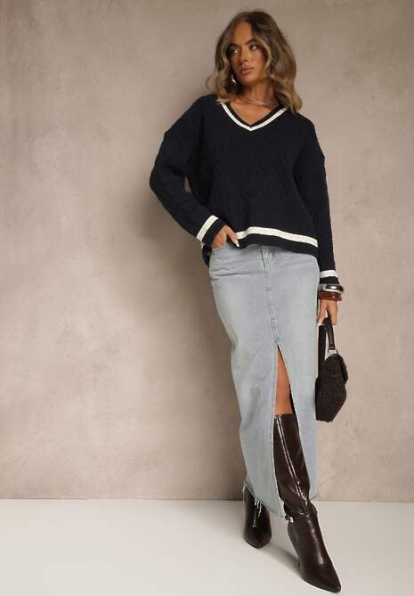 Granatowy Sweter w Stylu Preppy z Dodatkiem Kaszmiru i Warkoczowym Splotem Belmire