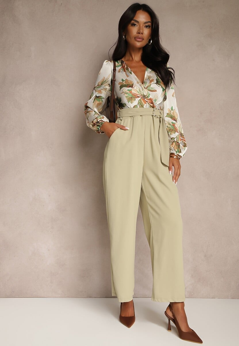 Jasnozielony Kwiatowy Kombinezon z Kopertowym Dekoltem z Paskiem i Szerokimi Nogawkami Vinia