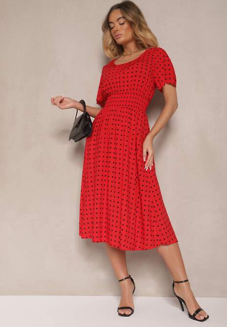 Czerwona Bawełniana Sukienka o Rozkloszowanym Fasonie w Kropki Tolimirae