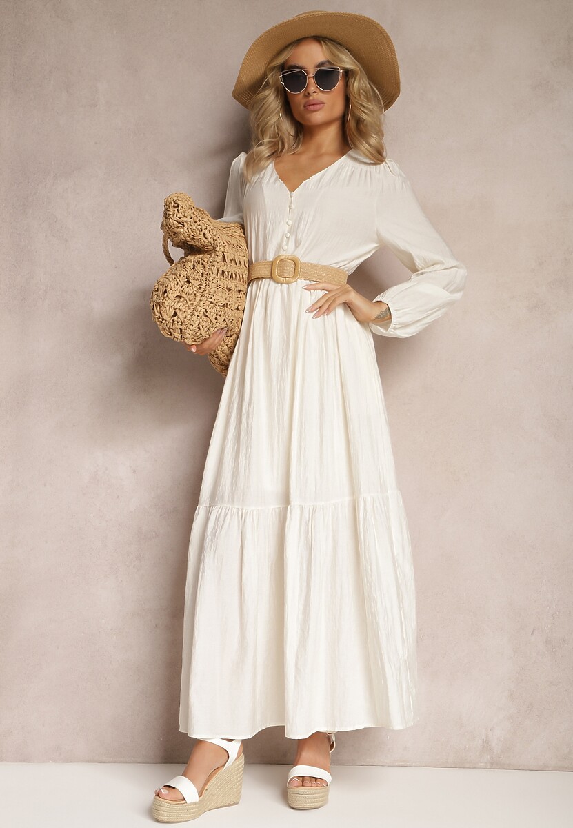 Jasnobeżowa Rozkloszowana Sukienka Pudełkowa Maxi z Ozdobnymi Guzikami Nervatti