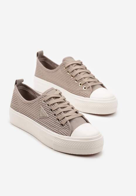 Ciemnobeżowe Trampki pod Kostkę z Siateczkową Cholewką i Geometryczną Ozdobą Ulianissea