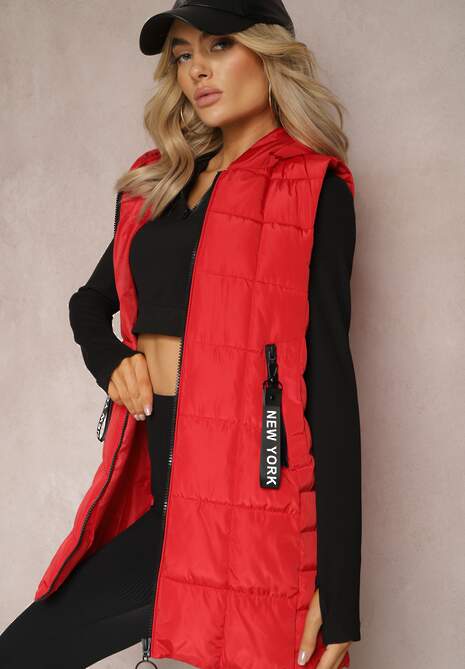 Czerwona Długa Kamizelka Pikowana z Wysokim Kołnierzem i Kapturem Pansi