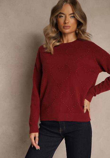 Bordowy Sweter z Tłoczonymi Sercami Unareia