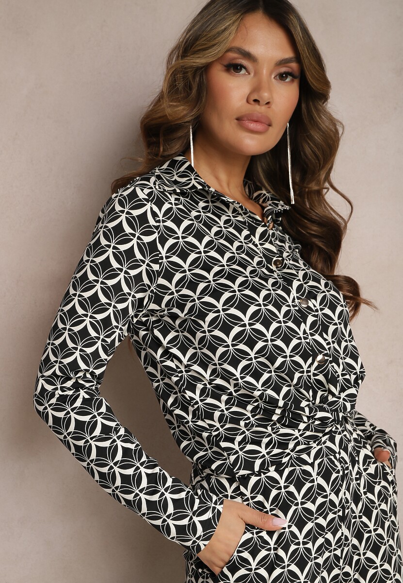 Czarno-Biała Koszula o Unikatowym Deseniu z Metalicznymi Guzikami Amidela