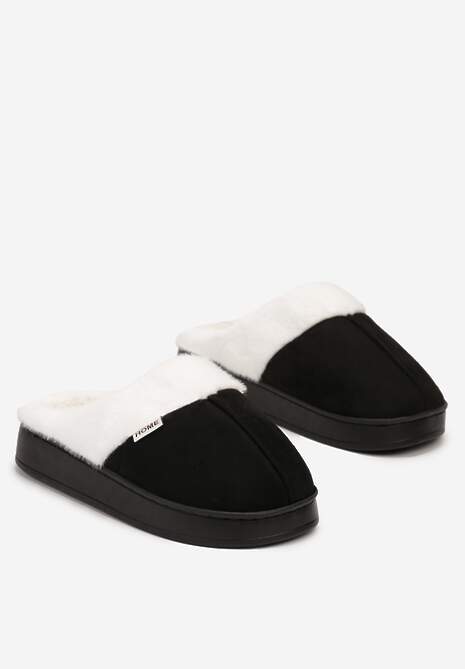 Czarne Kapcie na Płaskiej Podeszwie z Futerkiem Lerivena
