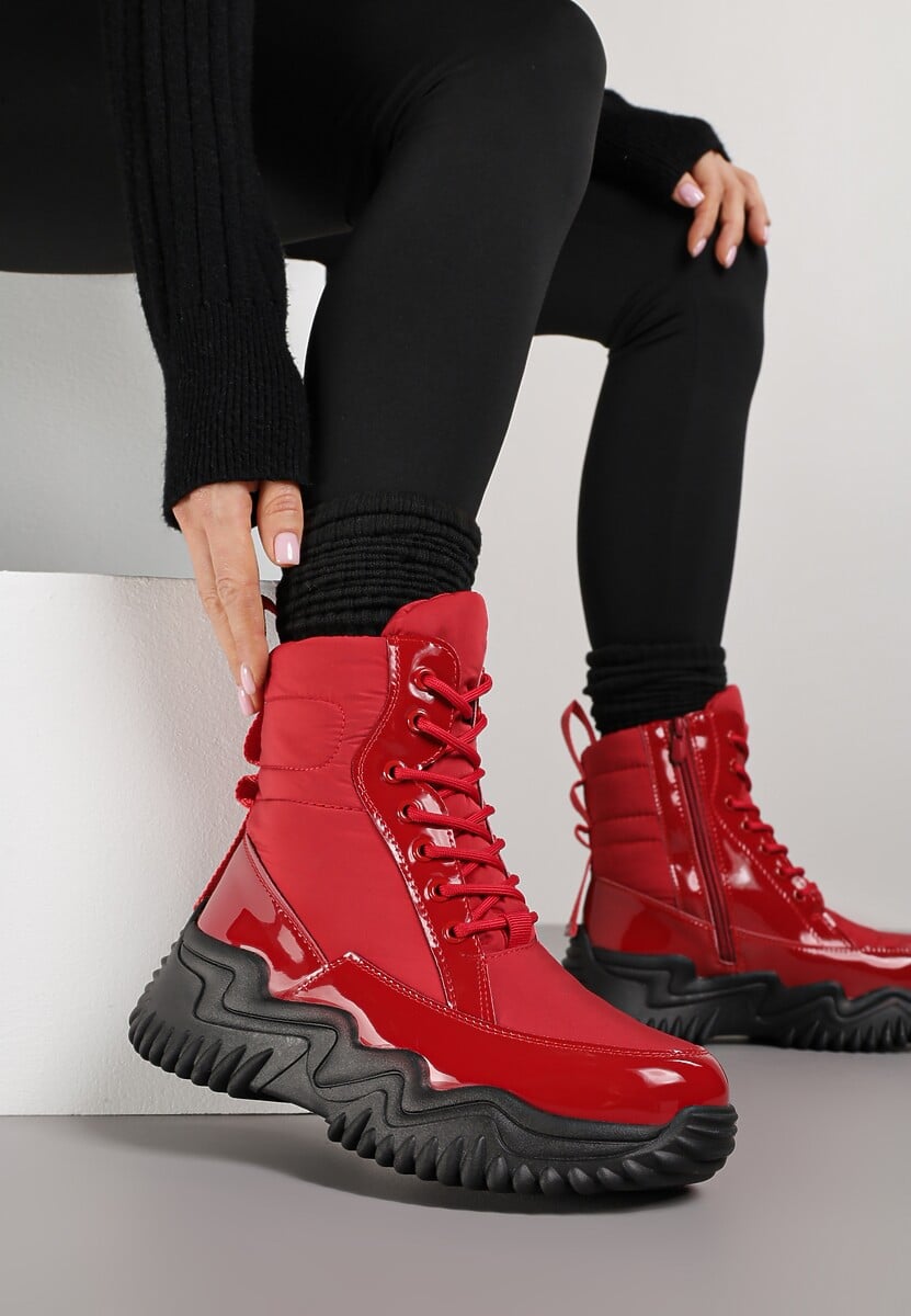 Czerwone Śniegowce VICES ze Sznurowaną Cholewką i Tłoczoną Platformą Reinavia