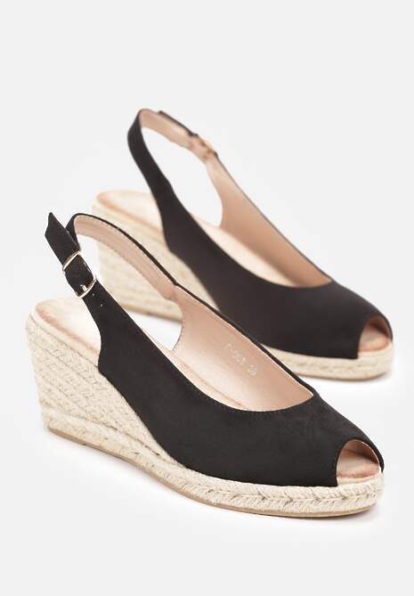 Czarne Sandały na Plecionej Koturnie Evetra