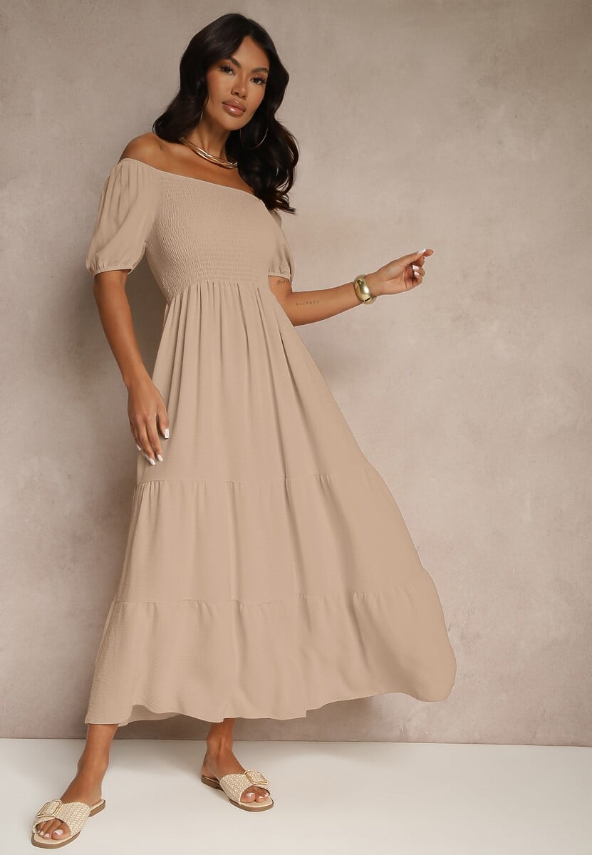 Beżowa Sukienka Hiszpanka z Marszczoną Górą Lumirielle
