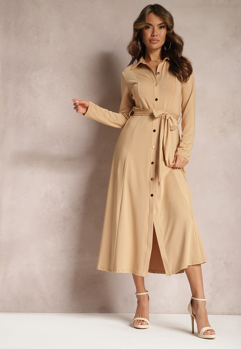 Beżowa Długa Sukienka Koszulowa z Wiązaniem w Talii Levae