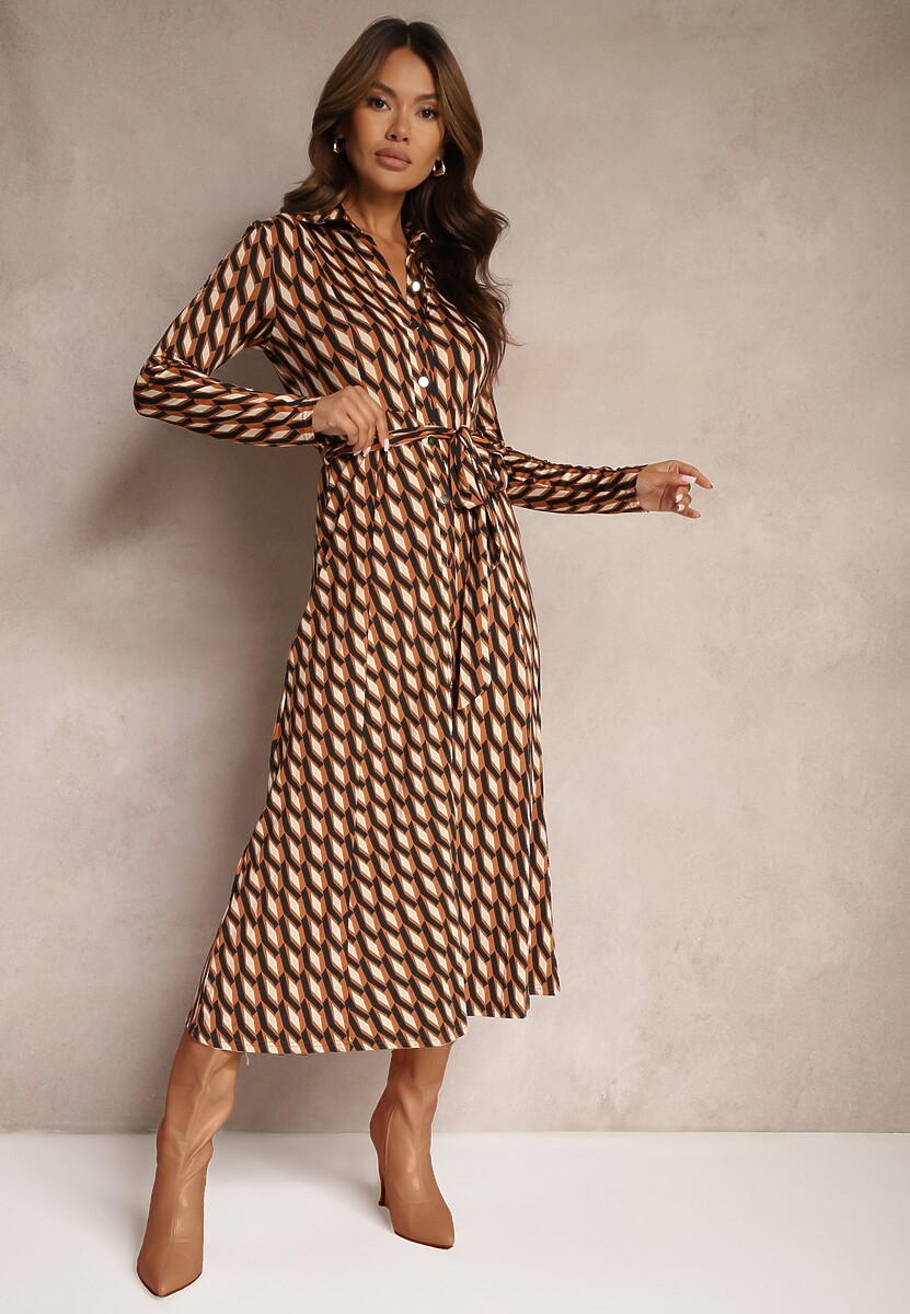 Brązowa Sukienka Koszulowa w Geometryczny Wzór Fendwe