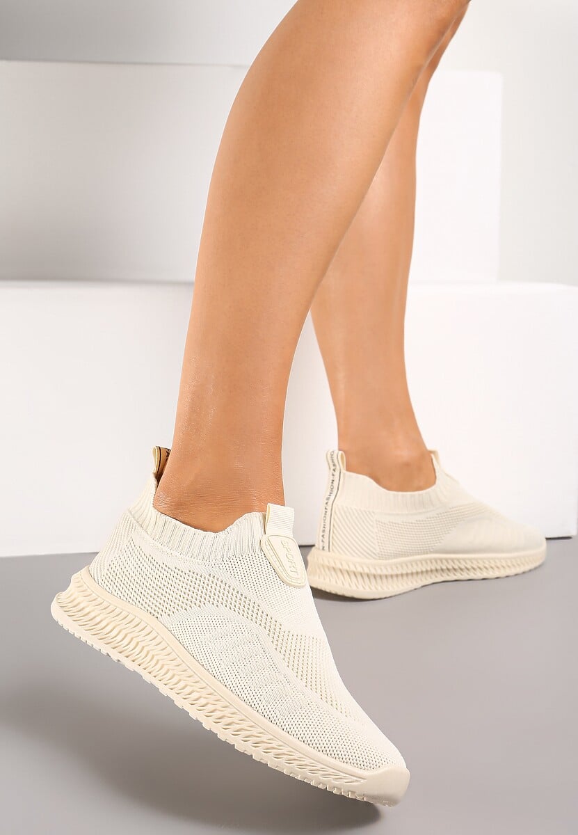 Beżowe Buty Sportowe ze Skarpetkową Cholewką Pinke