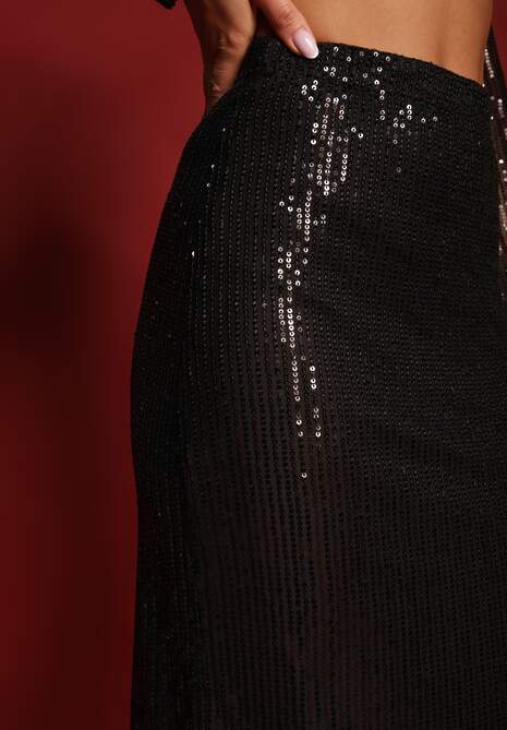 Czarna Koktajlowa Spódnica z Ozdobnym Wycięciem i Cekinami Nalorea