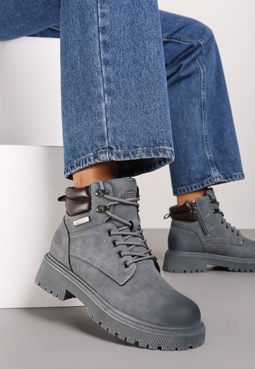 Niebieskie Sznurowane Płaskie Botki Trekkingowe Sinane