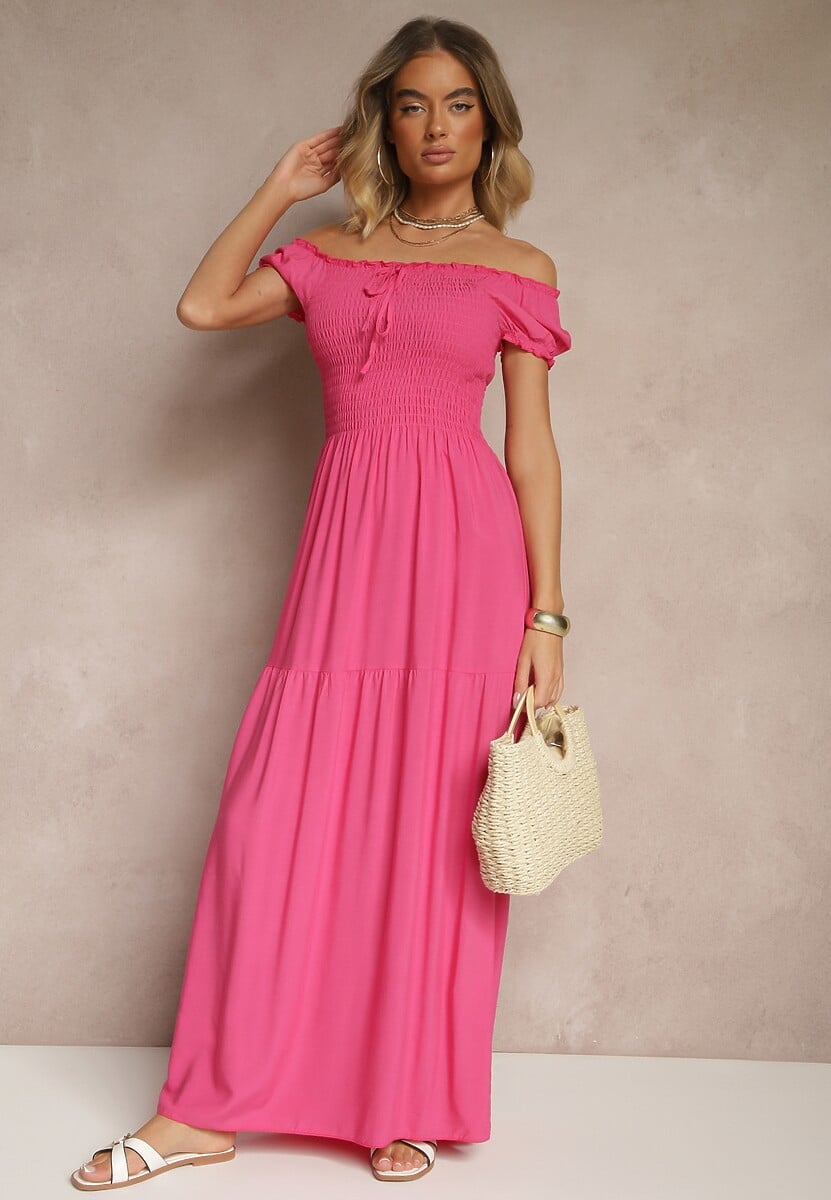 Różowa Sukienka z Wiskozy w Stylu Hiszpanki Ozdobiona Marszczeniem Jenalena