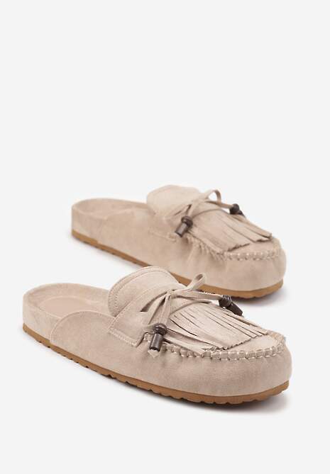 Ciemnobeżowe Klapki Ozdobione Kokardą i Frędzlami Felindrise