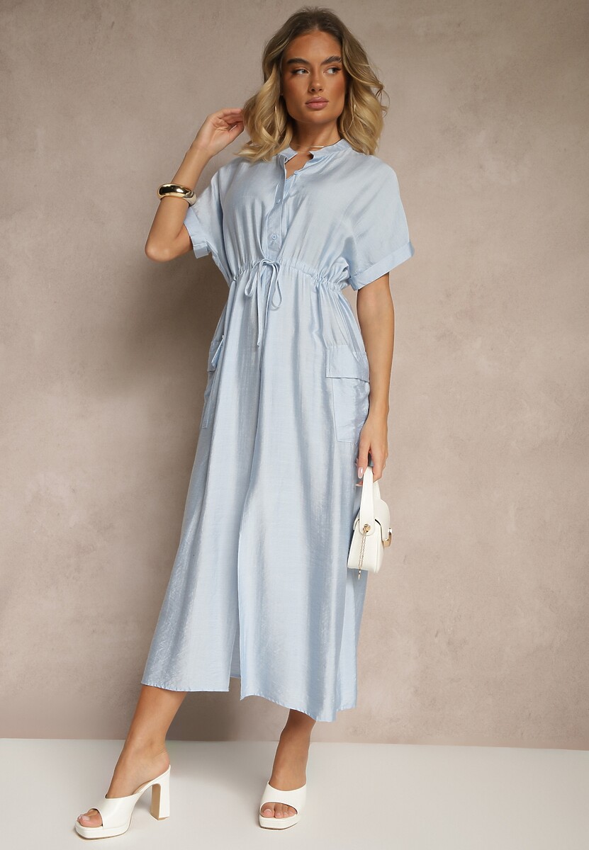 Niebieska Sukienka z Wiskozą o Koszulowym Kroju z Wiązaniem w Pasie Pollivia