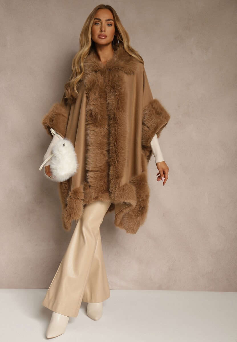 Jasnobrązowe Ponczo z Wiskozą Wełną i Futerkiem Mevicia