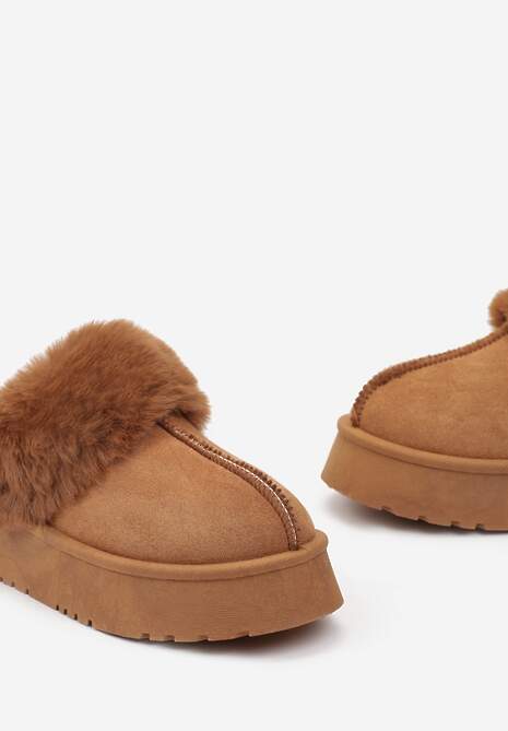 Brązowe Kapcie na Platformie z Ekozamszu z Futerkiem Livorn