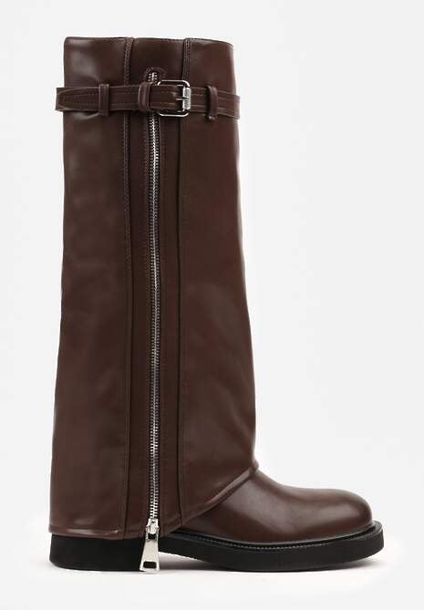 Brązowe Kozaki Typu Bikery Ozdobione Suwakiem Klamrą i Wywiniętą Cholewką Sovera