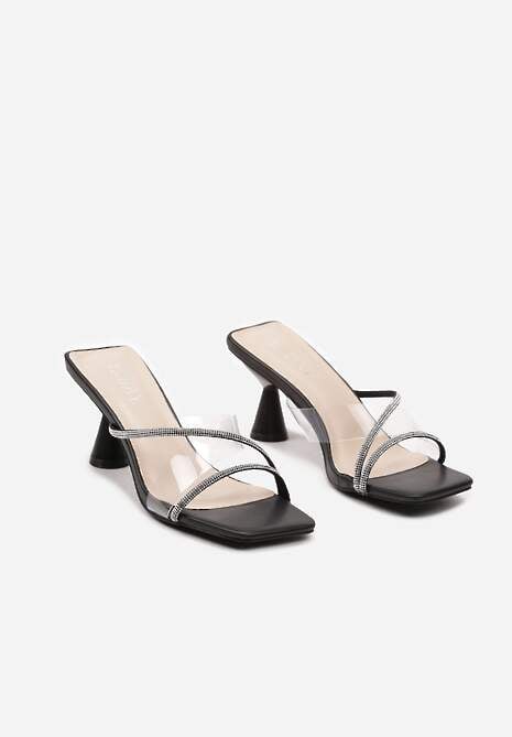 Czarne Klapki z Transparentnym Paskiem na Stożku Ozdobione Cyrkoniami Moarixia