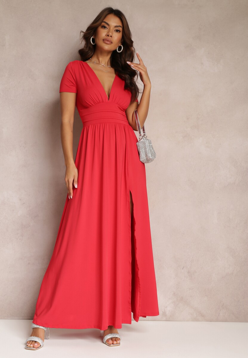 Czerwona Sukienka Maxi z Rozkloszowanym Dołem i Rozcięciem Zarya