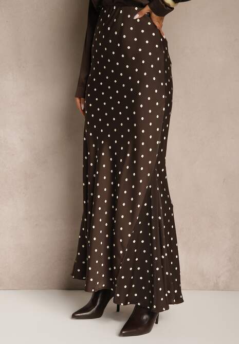 Brązowa Spódnica High Waist w Kropki o Trapezowym Kroju Ravea