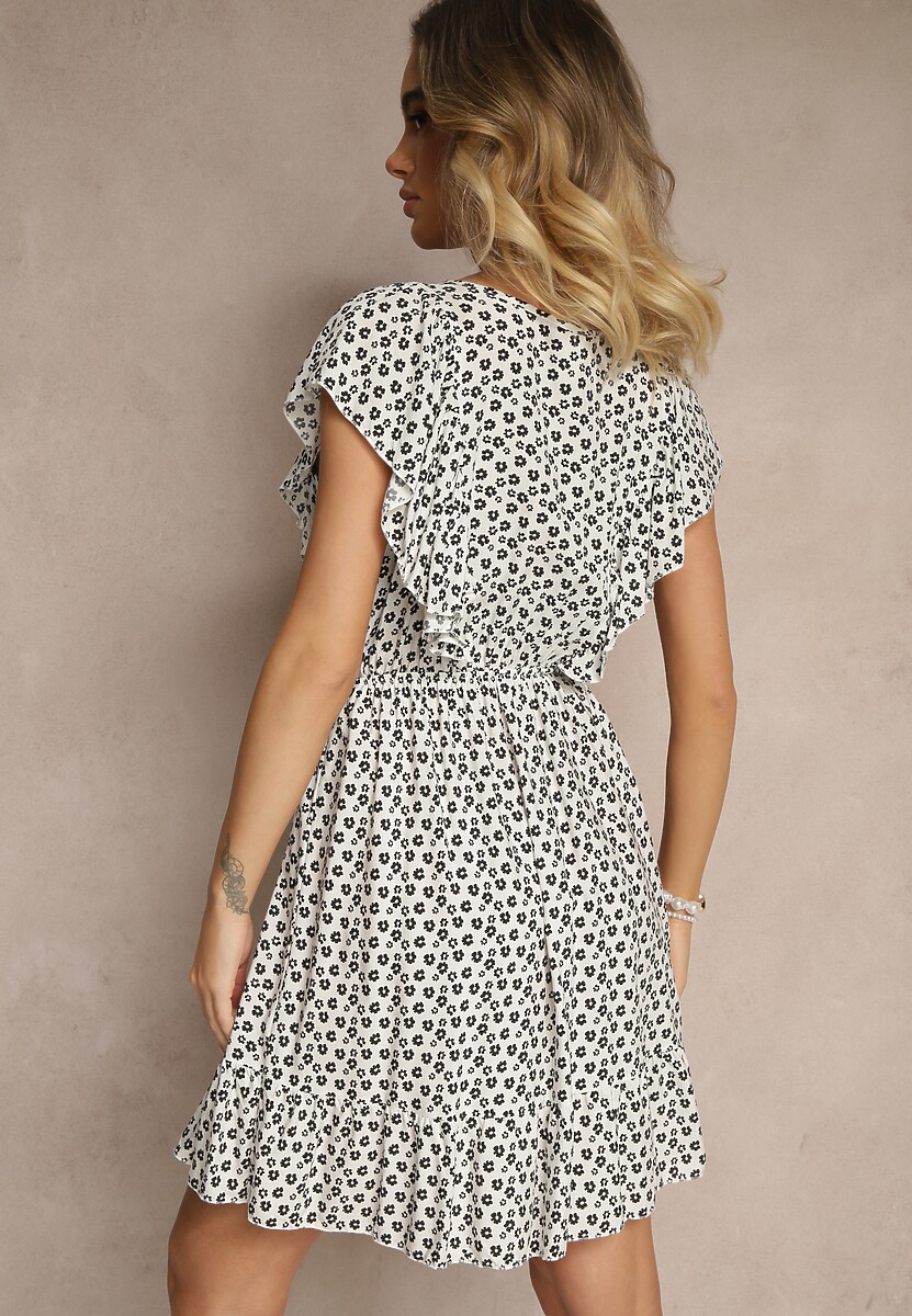 Biała Bawełniana Sukienka o Rozkloszowanym Kroju z Guzikami w Kwiatowy Wzór Roniva