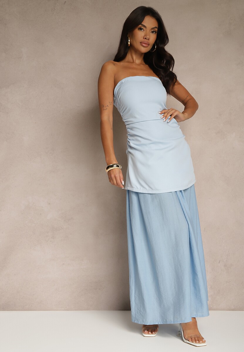 Niebieska Sukienka Koktajlowa z Dekoltem Bandeau Ozdobiona Marszczeniem Folimmea