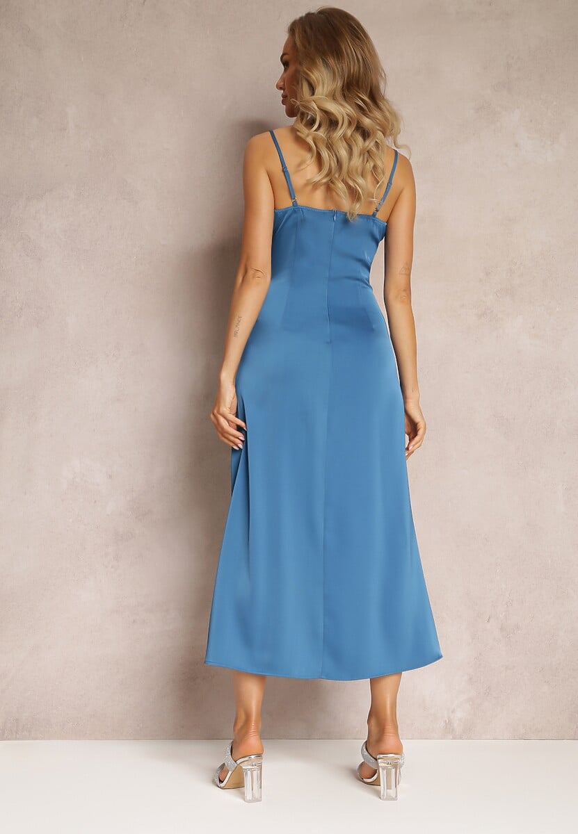 Granatowa Taliowana Sukienka Maxi na Cienkich Ramiączkach z Rozcięciem Samiksa