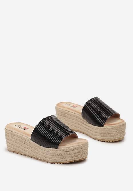 Czarne Klapki na Koturnie i Platformie z Plecionki z Paskiem z Ekoskóry Silphina