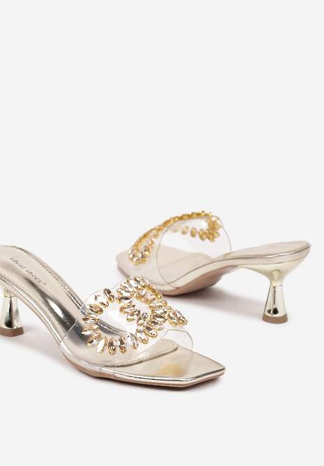 Złote Klapki na Szpilce z Transparentną Cholewką i Cyrkoniami Felaniel