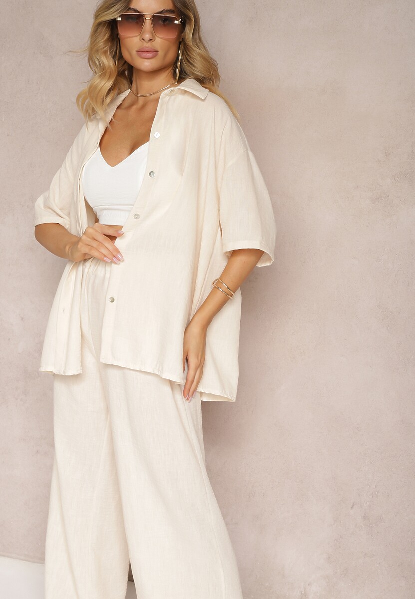 Ciemnobeżowy 2-Częściowy Komplet Koszula z Krótkim Rękawem Spodnie z Gumką w Pasie Vimacia