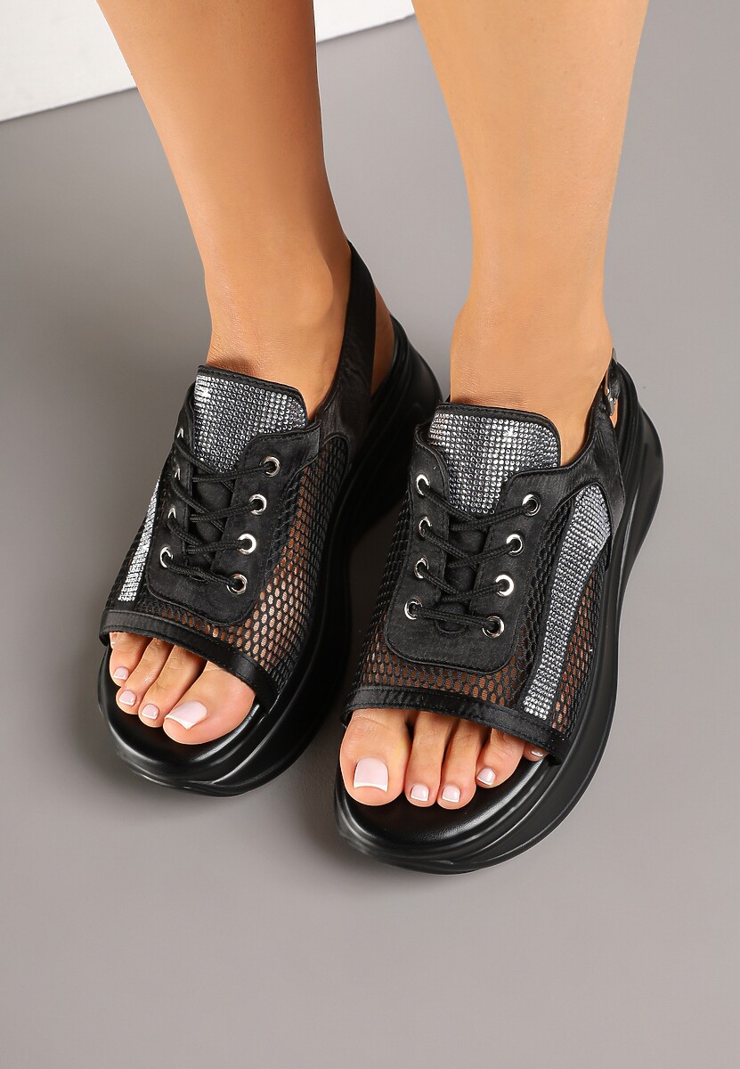 Czarne Sandały na Platformie w Stylu Sneakersów Peep Toe Sorezia