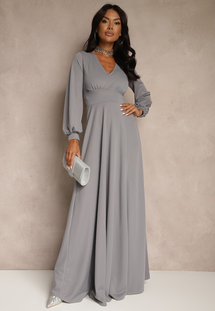 Szara Koktajlowa Sukienka z Ozdobnym Rozcięciem na Nogę Erullia