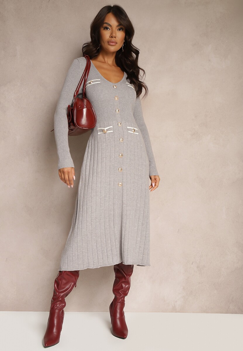 Ciemnobeżowa Rozkloszowana Sukienka z Wiskozą Imitacją Kieszeni  i Guzikami Izadria