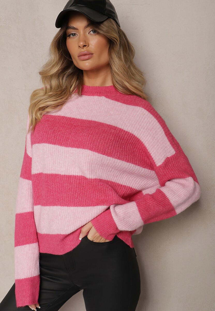 Różowy Sweter ze Ściągaczami Ozdobiony Pasami z Wełną Tiarosea